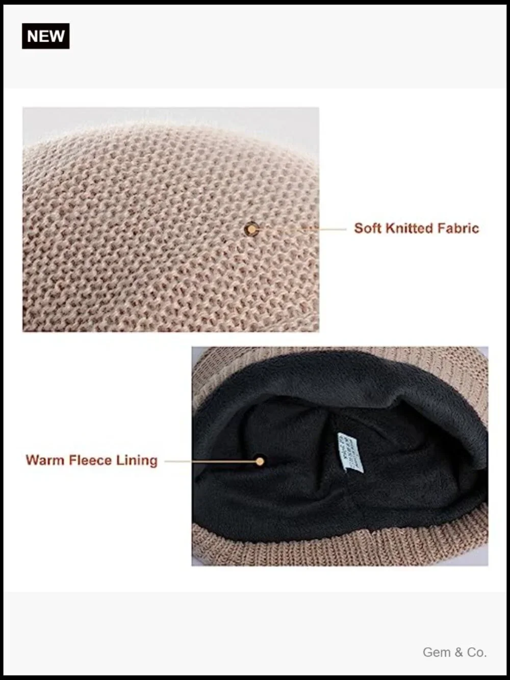 Fleece Lined Knitted Hat with Visor Brim, Slouchy Cable Knit Beanie Winter Hat